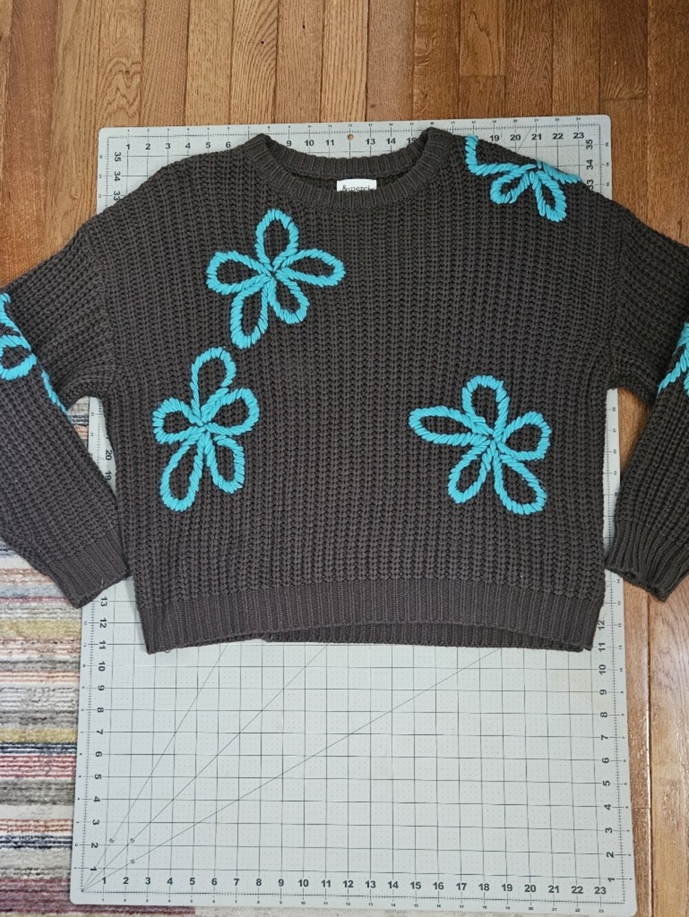 Chunky Knit Brown Sweater with Turquoise Floral